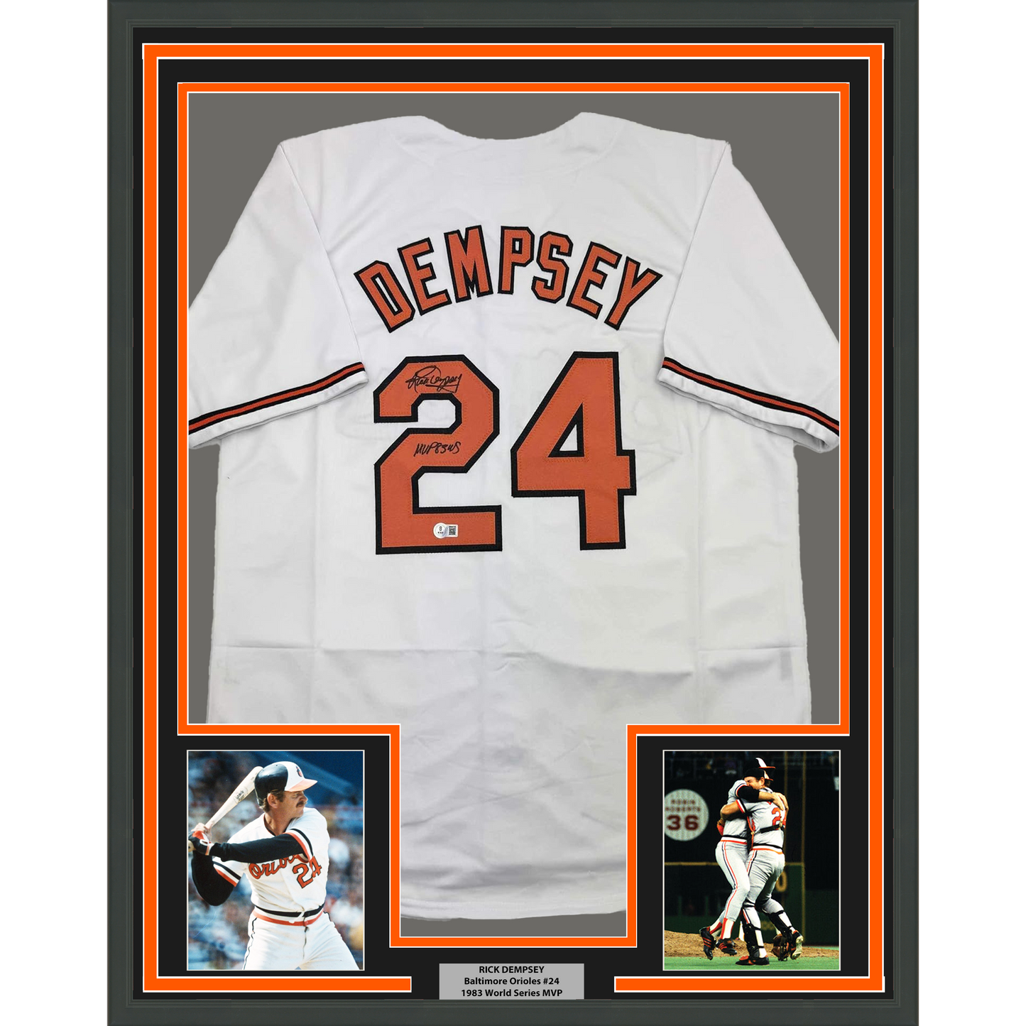 Framed Autographed/Signed Rick Dempsey "MVP 83 WS" 35x39 Baltimore White Baseball Jersey Beckett BAS COA