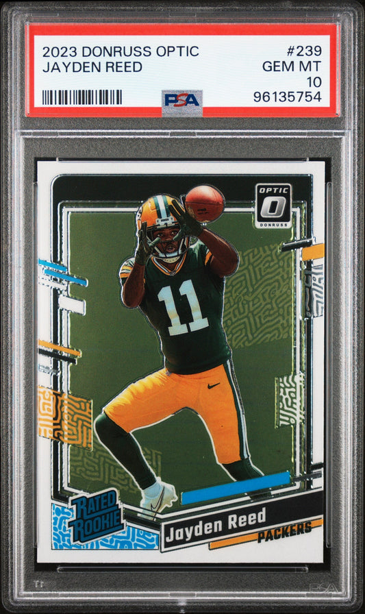 Graded 2023 Panini Donruss Optic Jayden Reed #239 Rookie RC Football Card PSA 10 Gem Mint