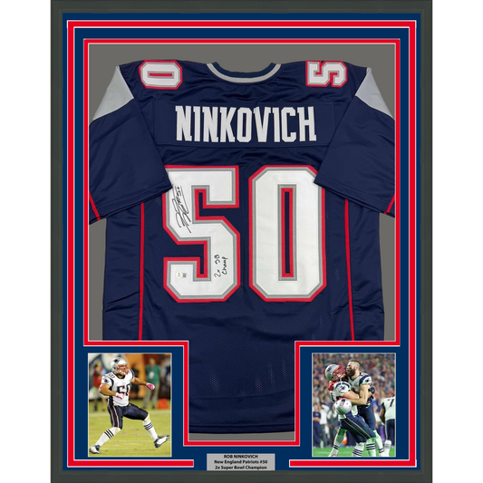 Framed Autographed/Signed Rob Ninkovich "2x SB Champ" 35x39 New England Blue Football Jersey Beckett BAS COA