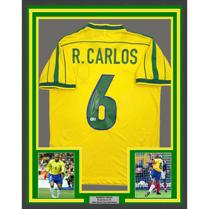 Framed Autographed/Signed Roberto Carlos 35x39 Brazil Yellow Soccer Jersey Beckett BAS COA