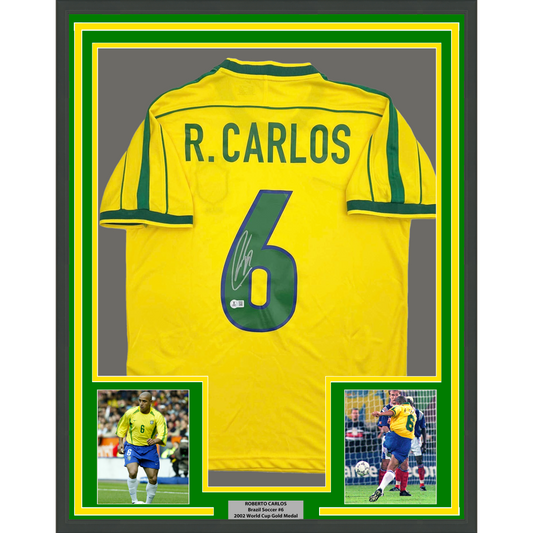 Framed Autographed/Signed Roberto Carlos 35x39 Brazil Yellow Soccer Jersey Beckett BAS COA