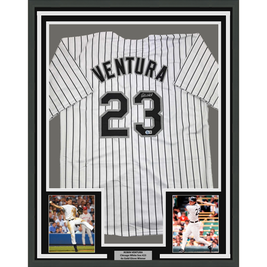 Framed Autographed/Signed Robin Ventura 35x39 Chicago Pinstripe Baseball Jersey Beckett BAS COA