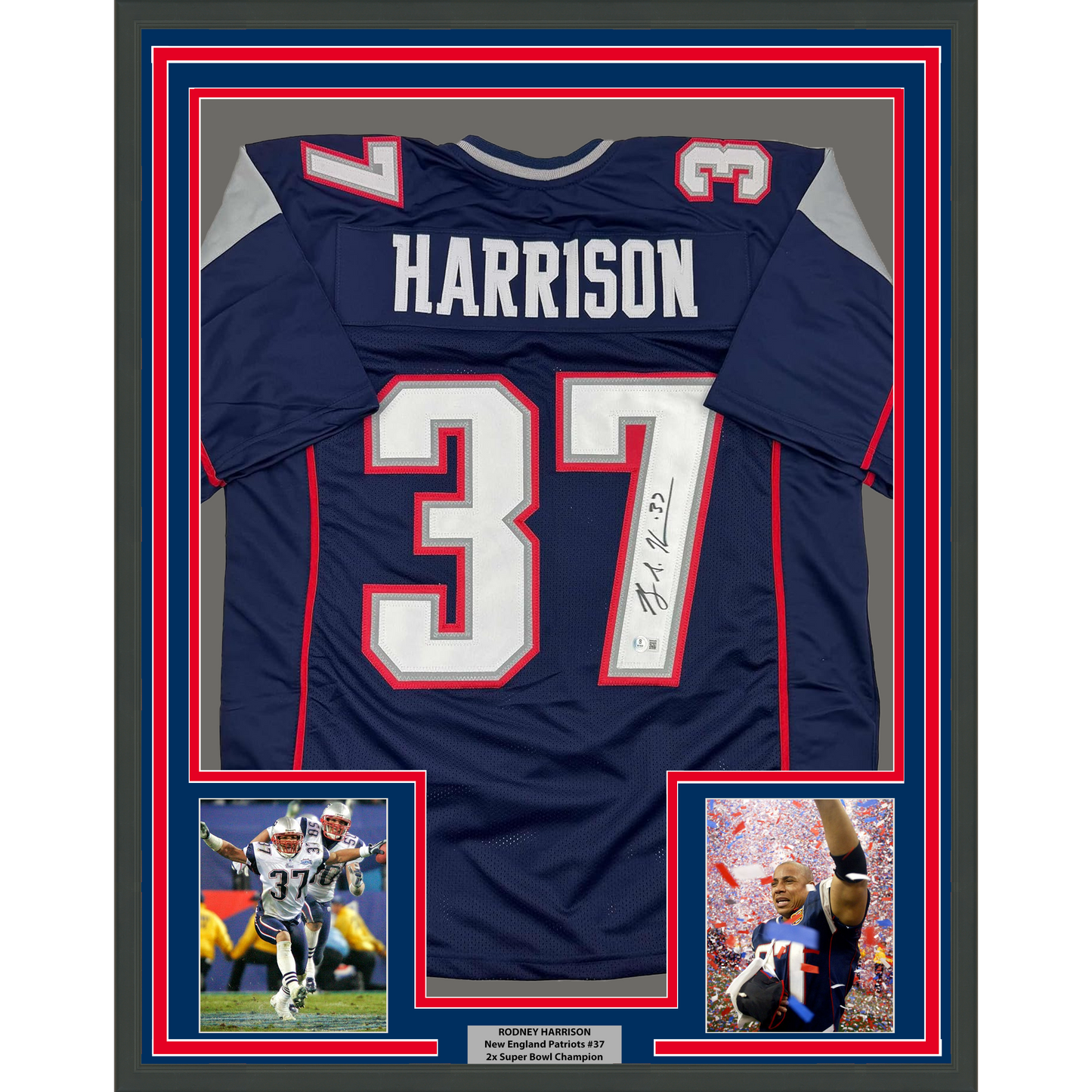 Framed Autographed/Signed Rodney Harrison 35x39 New England Blue Football Jersey Beckett BAS COA