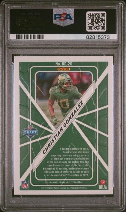Graded 2023 Panini Donruss Elite Christian Gonzalez #20 Rookie on Deck Rookie RC Football Card PSA 10 Gem Mint