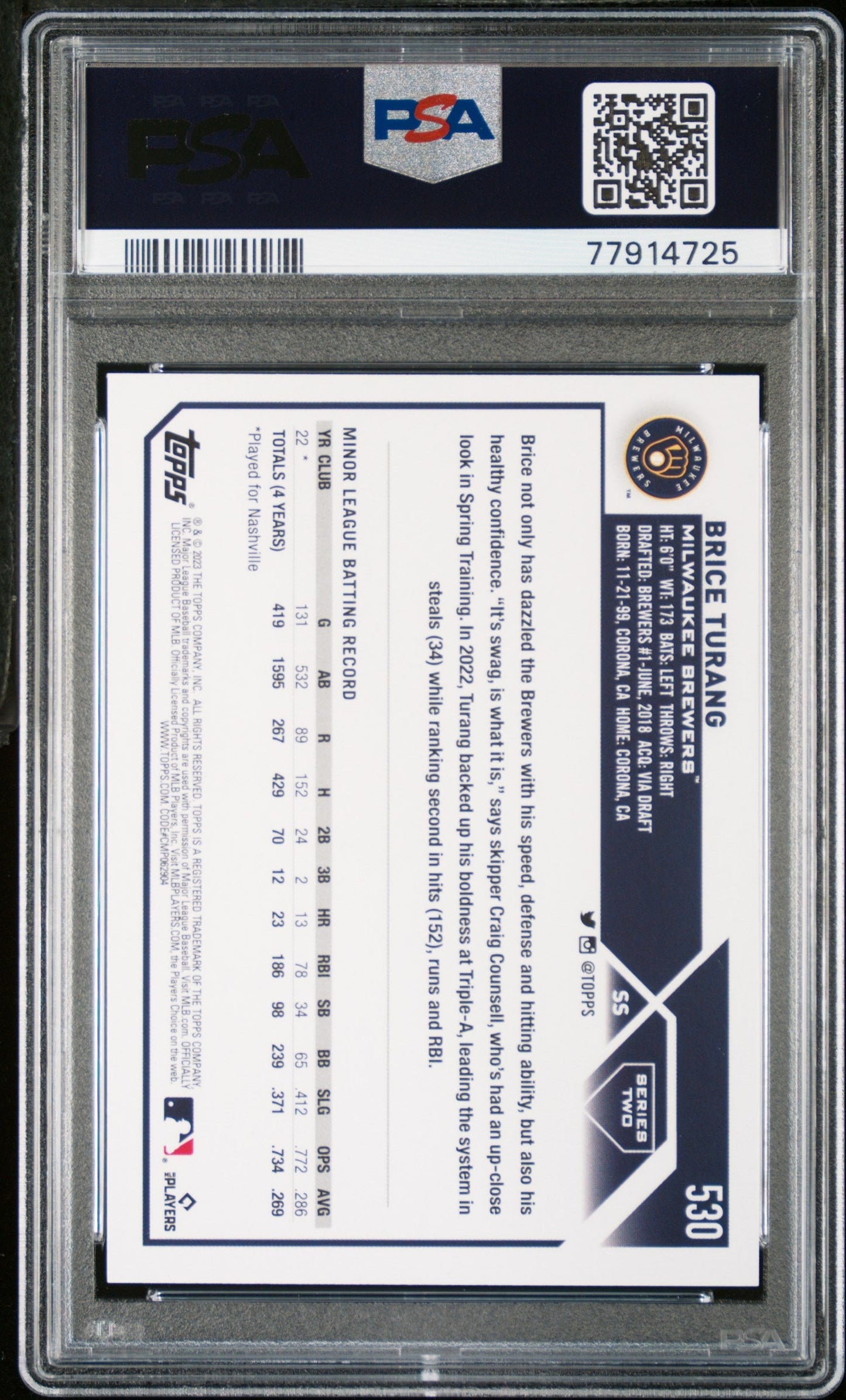 Graded 2023 Topps Brice Turang #530 Royal Blue Rookie RC Baseball Card PSA 10 Gem Mint