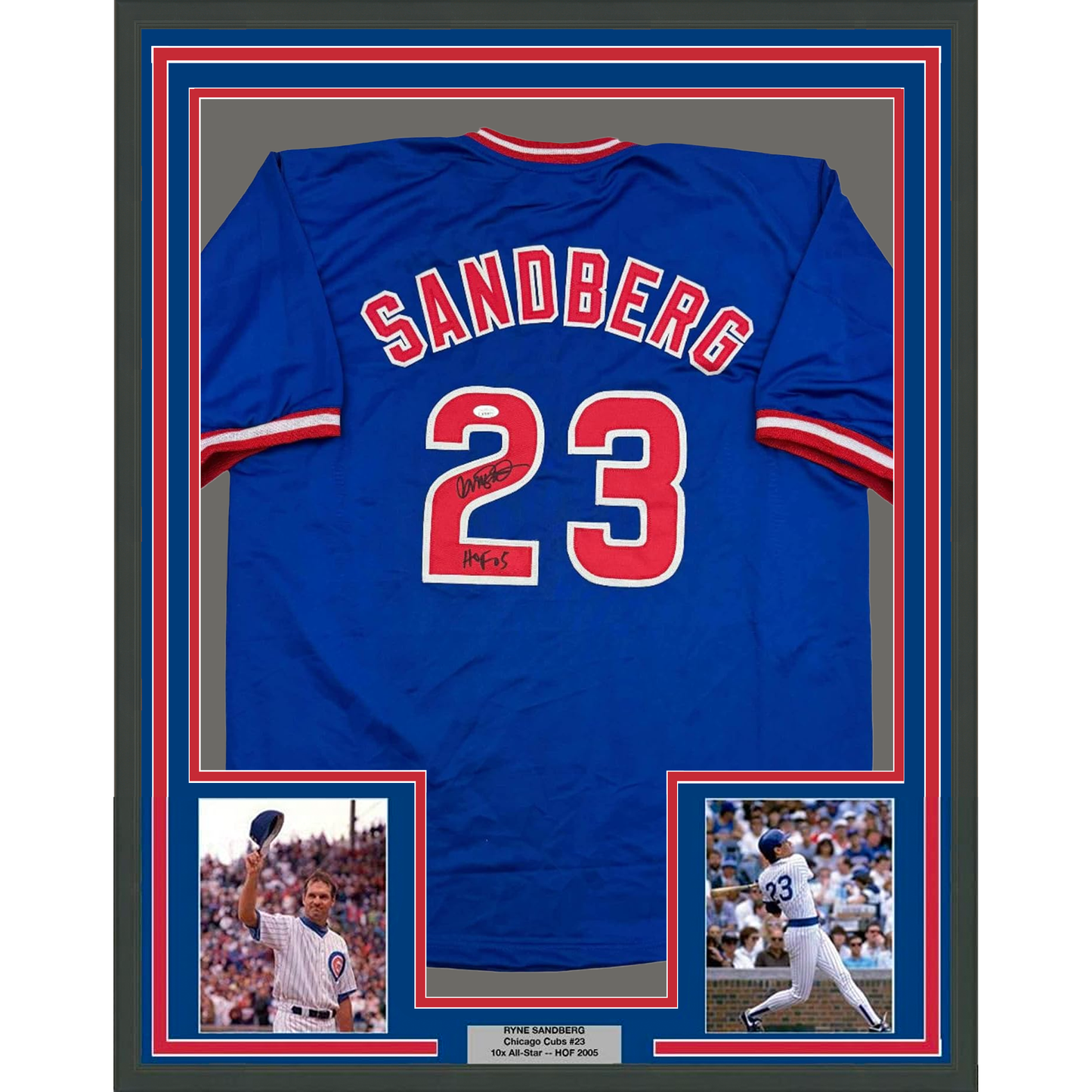 Framed Autographed/Signed Ryne Sandberg 35x39 HOF 05 Chicago Blue Baseball Jersey JSA COA
