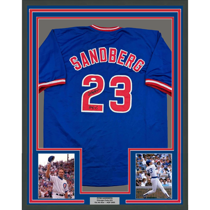 Framed Autographed/Signed Ryne Sandberg 35x39 HOF 05 Chicago Blue Baseball Jersey JSA COA