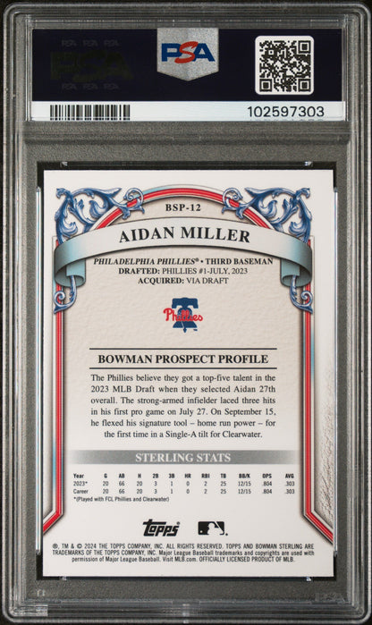 Graded 2024 Topps Bowman Sterling Aidan Miller #BSP12 Prospects Rookie RC Baseball Card PSA 9 Mint
