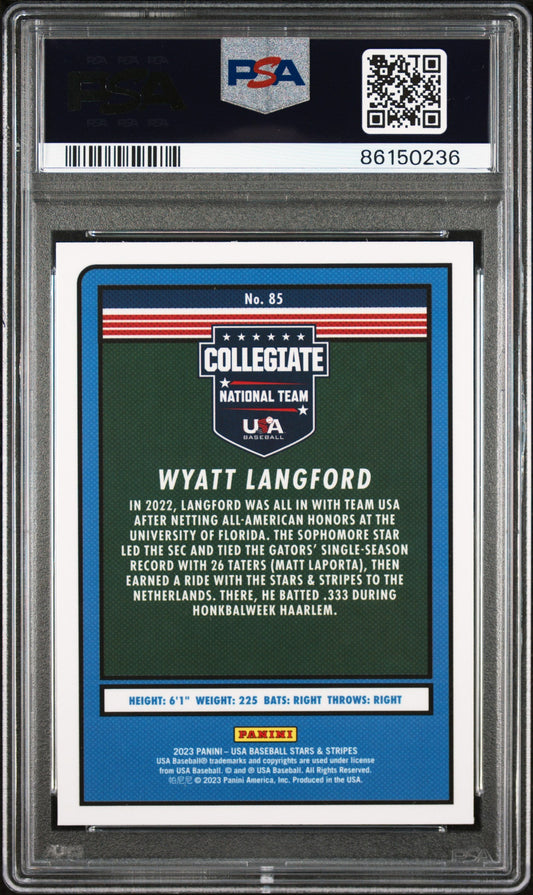 Graded 2023 Panini Stars & Stripes USA Wyatt Langford #85 Rookie RC Baseball Card PSA 10 Gem Mint
