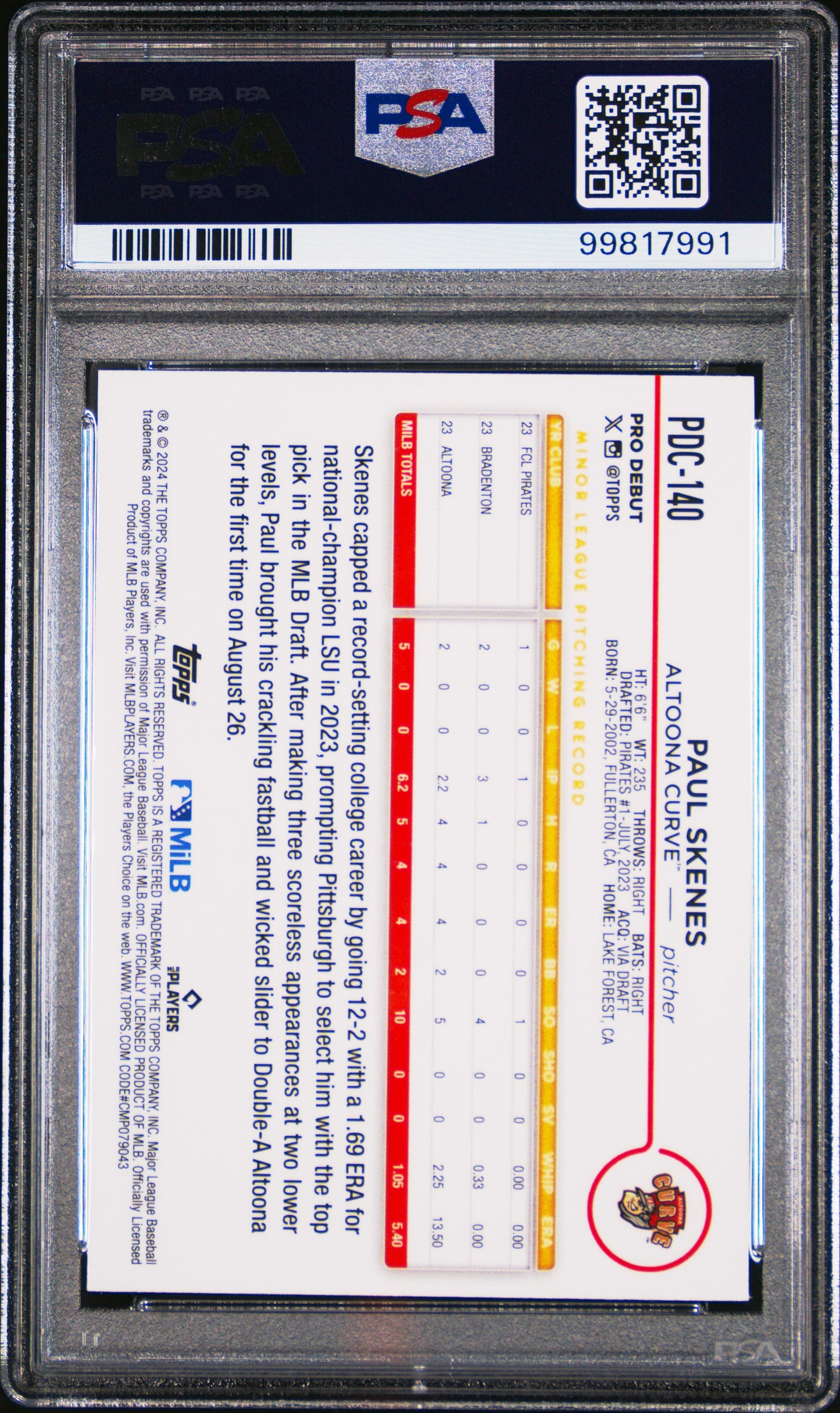 Graded 2024 Topps Pro Debut Paul Skenes #PDC140 Chrome Rookie RC Baseball Card PSA 10 Gem Mint