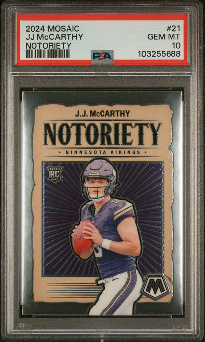Graded 2024 Panini Mosaic JJ McCarthy #21 Notoriety Rookie RC Football Card PSA 10 Gem Mint