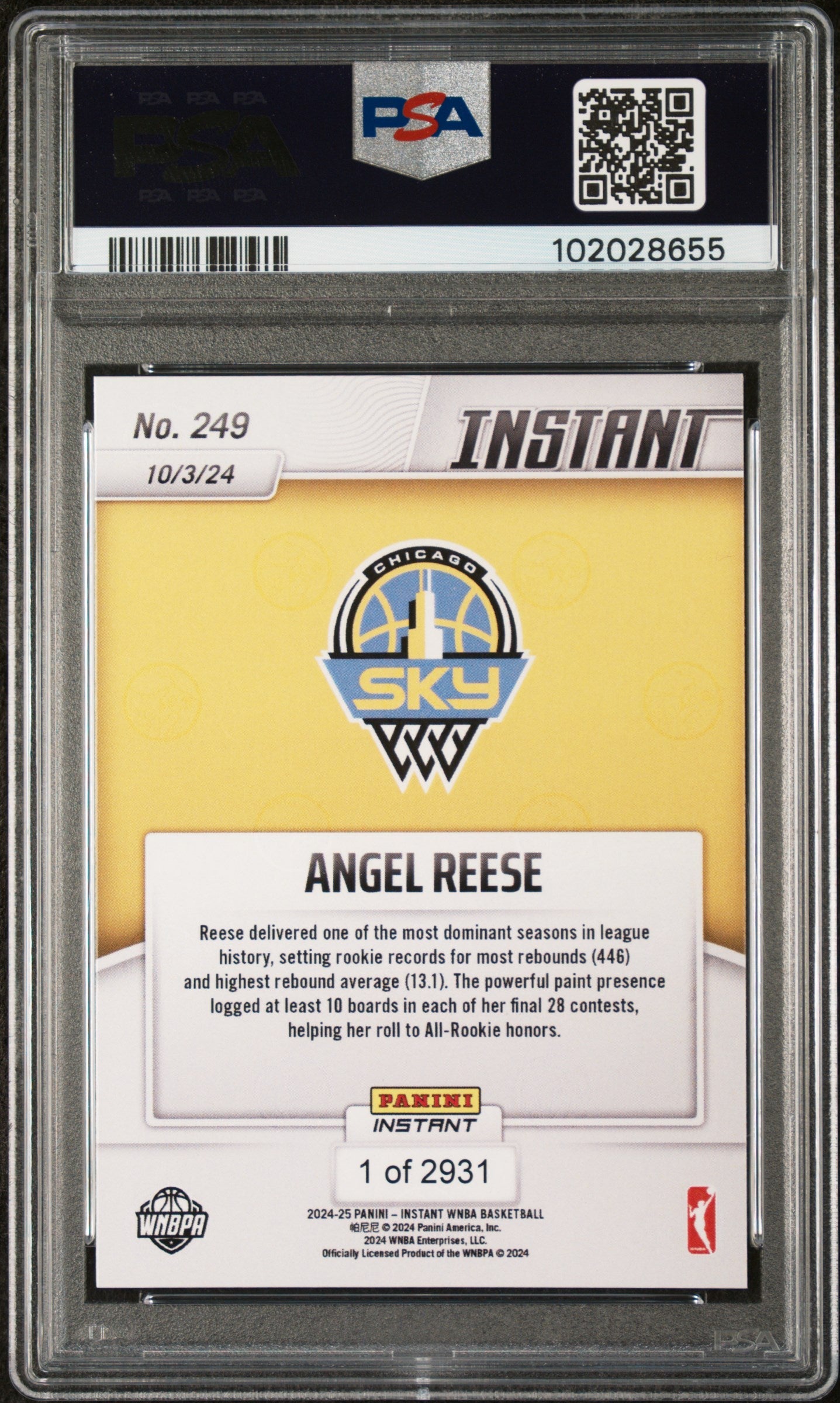 Graded 2024 Panini Instant WNBA Angel Reese #249 Rookie RC Basketball Card PSA 10 Gem Mint