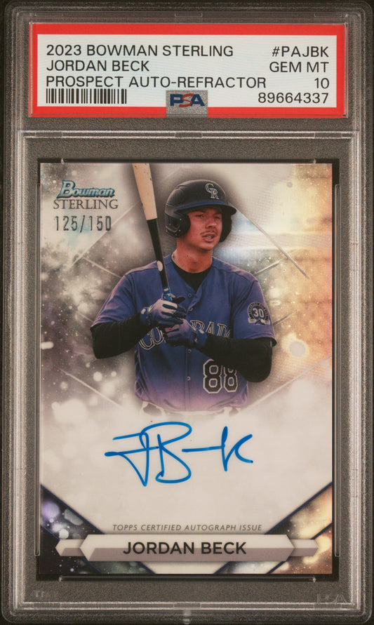 Graded 2023 Topps Bowman Sterling Jordan Beck #PAJBK Prospect Auto Refractor #/150 Rookie RC Baseball Card PSA 10 Gem Mint