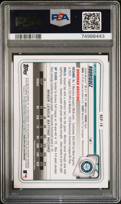 Graded 2020 Topps Bowman Chrome Julio Rodriguez #BCP19 Prospects RC Baseball Card PSA 10 Gem Mint