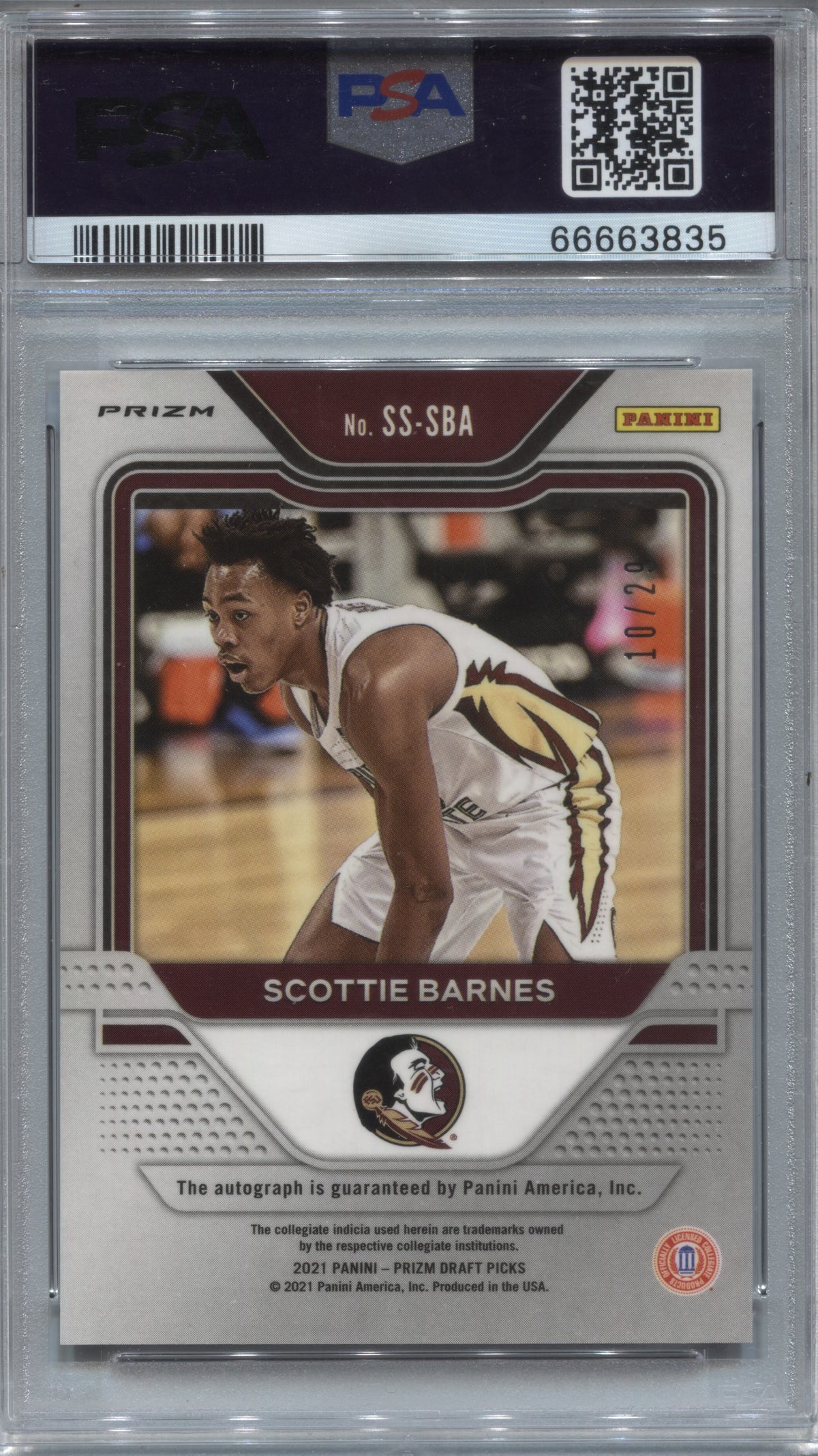 2021 Prizm Draft Picks Scottie Barnes Purple Ice Rookie Auto /29 PSA 10