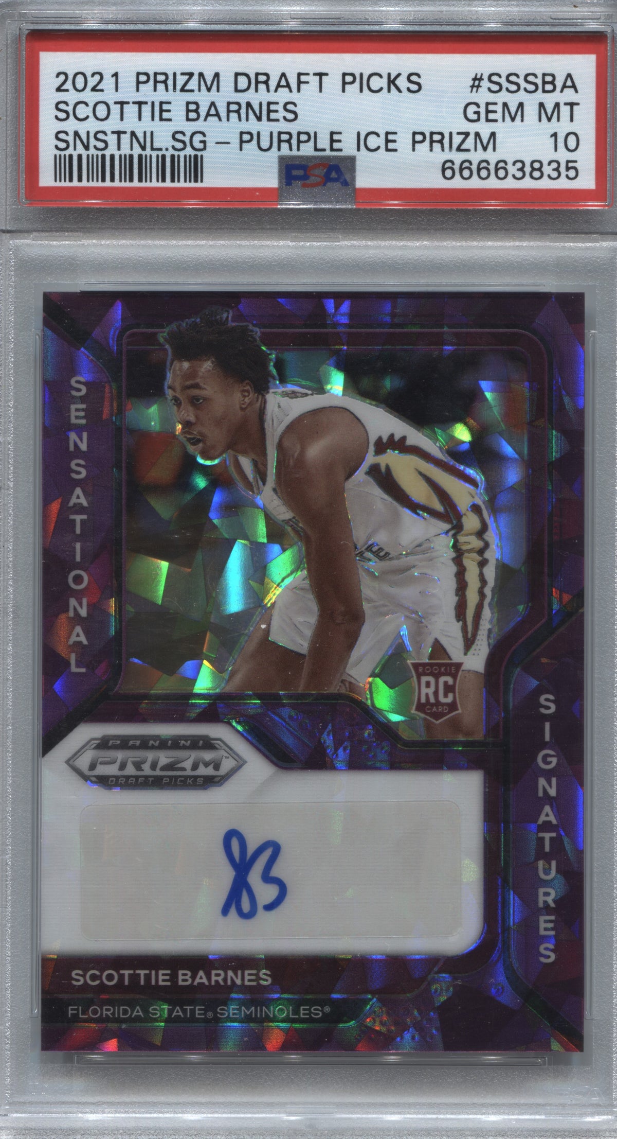 2021 Prizm Draft Picks Scottie Barnes Purple Ice Rookie Auto /29 PSA 10