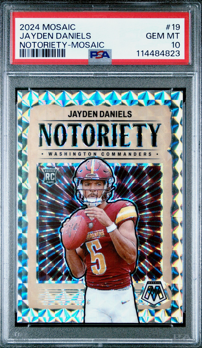 Graded 2024 Panini Mosaic Jayden Daniels #19 Notoriety Mosaic Rookie RC Football Card PSA 10 Gem Mint