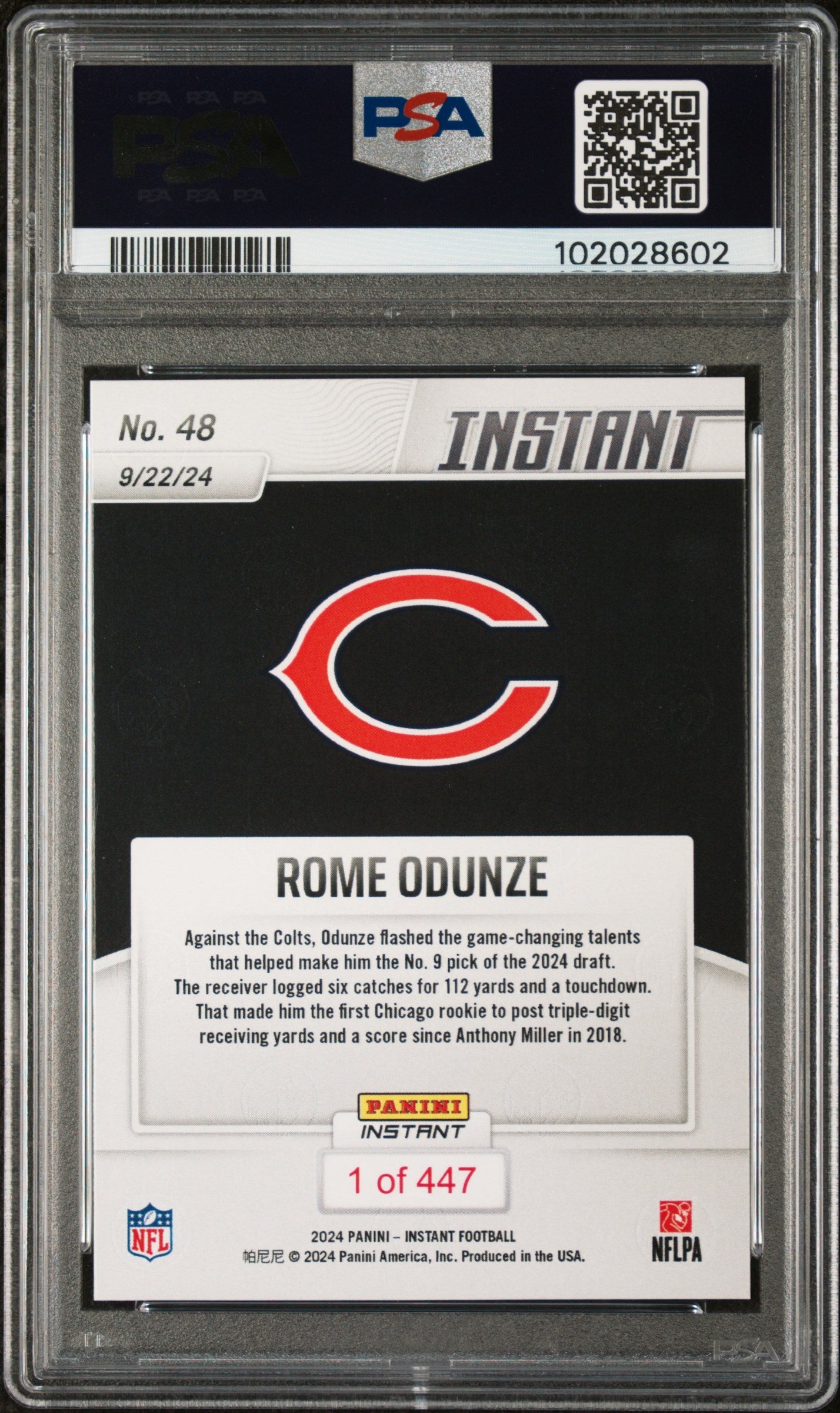 Graded 2024 Panini Instant NFL Rome Odunze #48 Rookie RC Football Card PSA 9 Mint