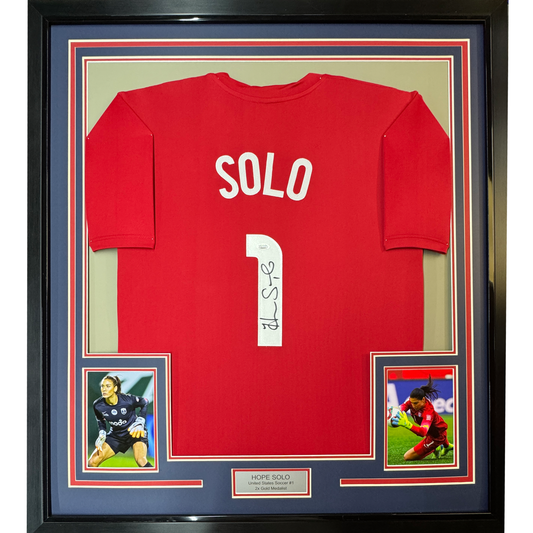 Framed Autographed/Signed Hope Solo 35x39 Red Soccer Team USA World Cup Jersey JSA COA