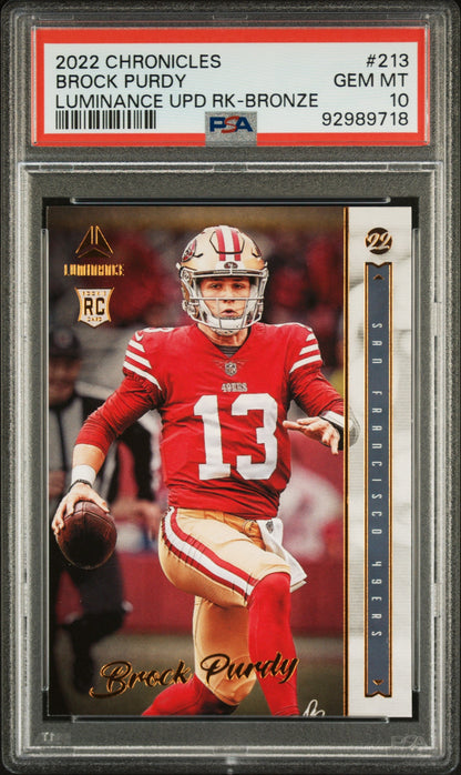 Graded 2022 Panini Chronicles Brock Purdy #213 Luminance Update Rookies Bronze Rookie RC Football Card PSA 10 Gem Mint