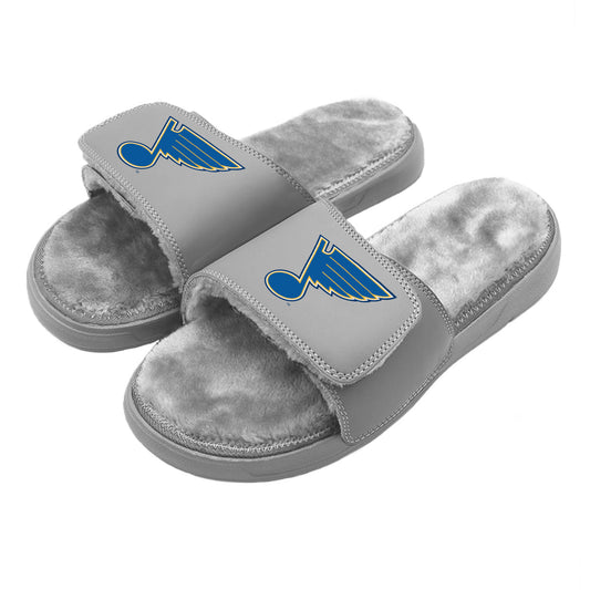 St Louis Blues Primary Grey Fur Slides