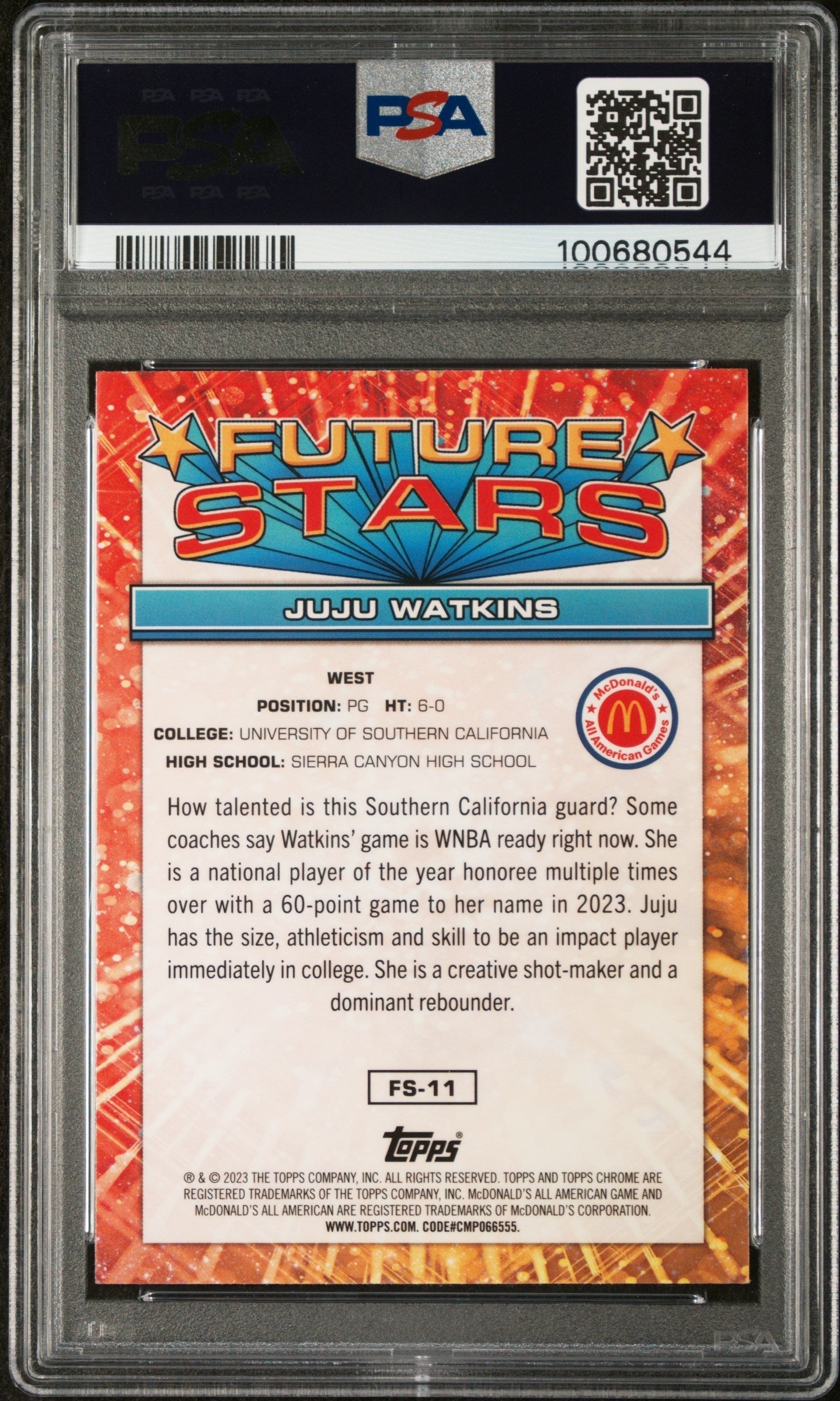Graded 2023 Topps Chrome JuJu Watkins #FS11 McDonalds All American Future Stars Rookie RC Basketball Card PSA 10 Gem Mint