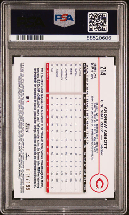 Graded 2024 Topps Andrew Abbott #214 Red Crackle Foil Board /199 Rookie RC Baseball Card PSA 10 Gem Mint