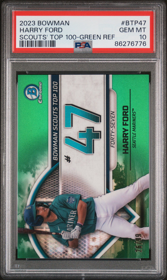 Graded 2023 Topps Bowman Harry Ford #BTP47 Scouts Top 100 Green Refractor #/99 Rookie RC Baseball Card PSA 10 Gem Mint