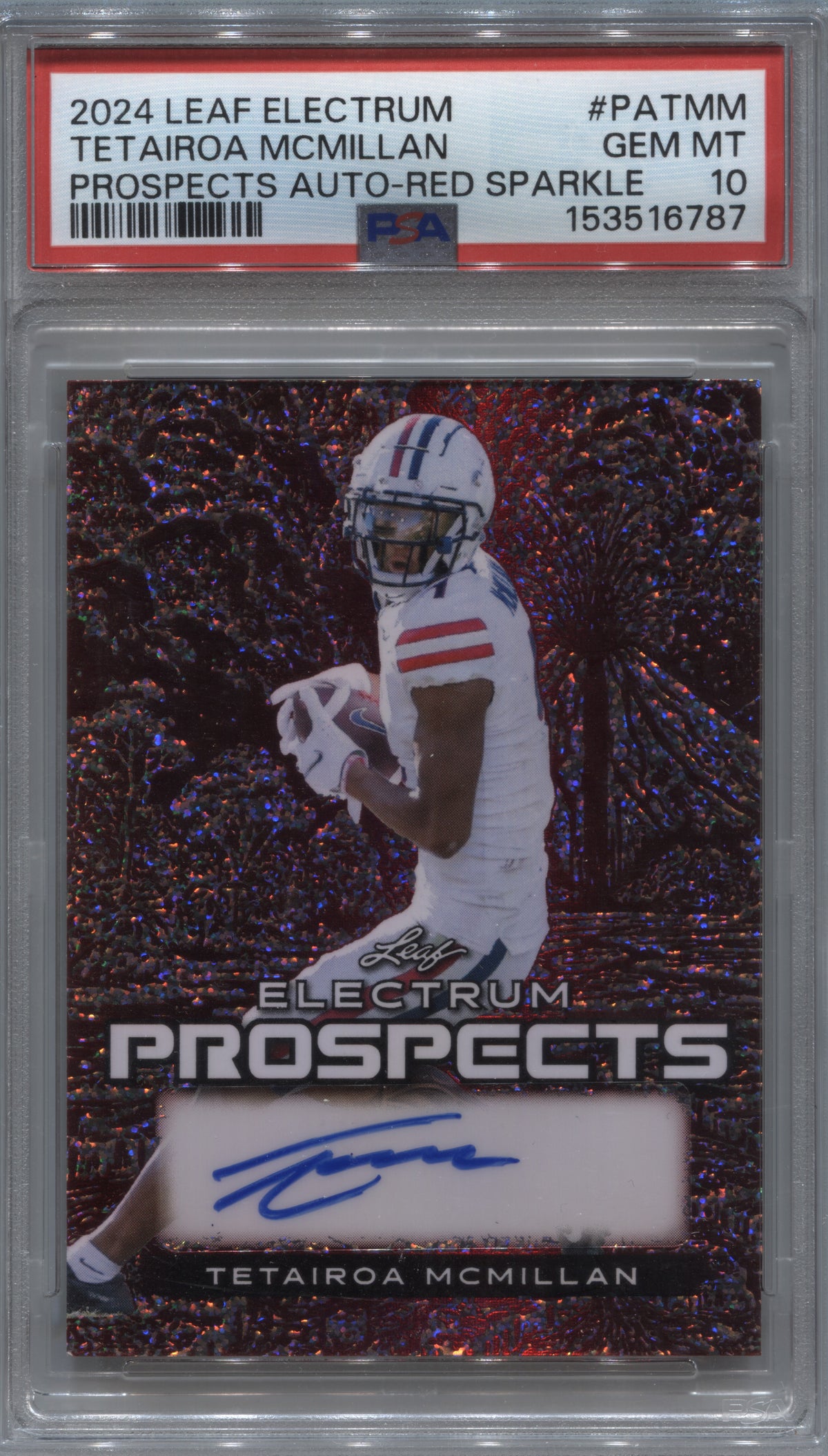 2024 Leaf Electrum Tetairoa McMillan Prospects Red Sparkle Auto /2 PSA 10