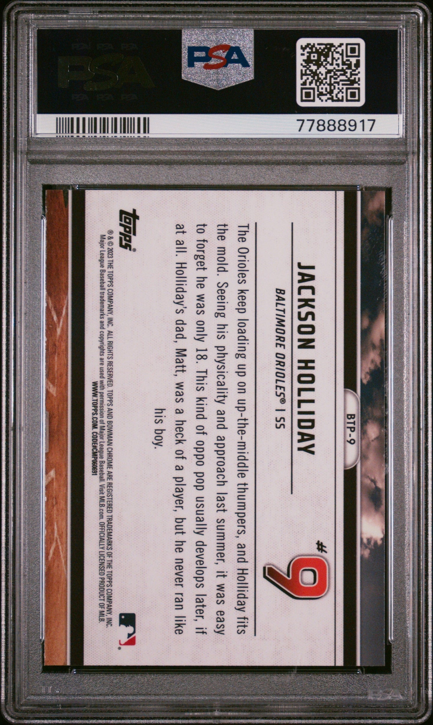 Graded 2023 Topps Bowman Jackson Holliday #BTP9 Scouts Top 100 Rookie RC Baseball Card PSA 10 Gem Mint