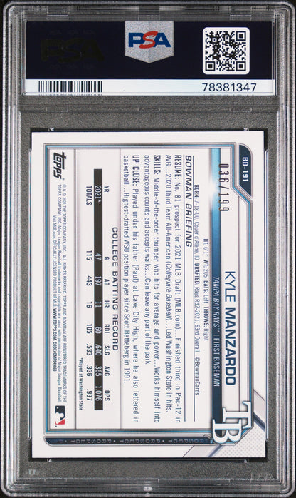 Graded 2021 Topps Bowman Draft Kyle Manzardo #BD191 Aqua #/199 Rookie RC Baseball Card PSA 10 Gem Mint