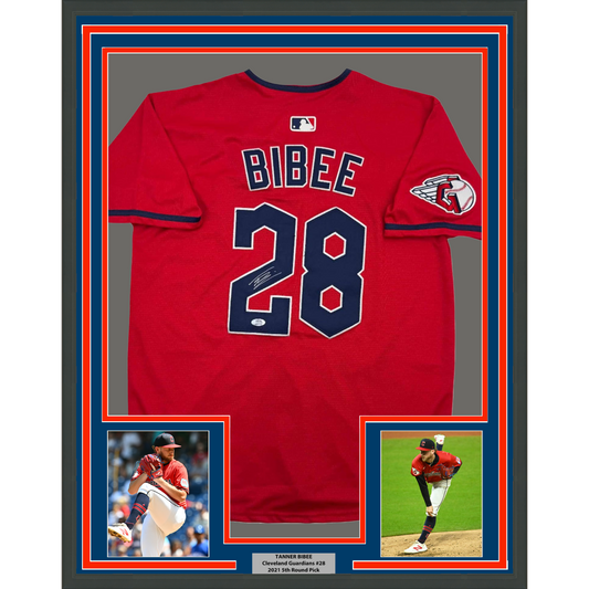 Framed Autographed/Signed Tanner Bibee 35x39 Cleveland Red Baseball Jersey PSA COA