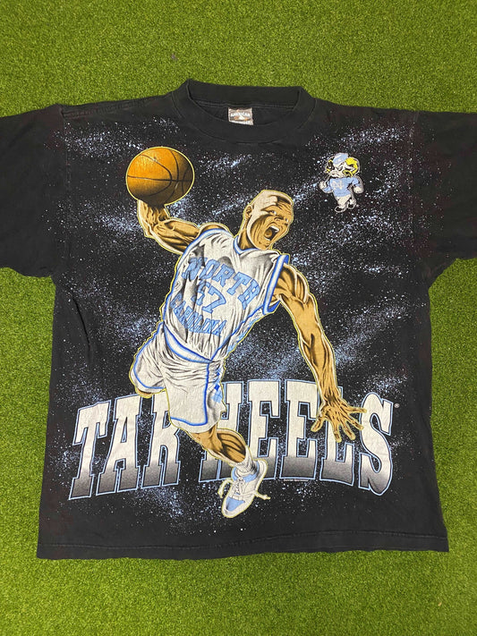 90s UNC Tar Heels - Print All Over - Double Sided - Vintage College Basketball Tee Shirt (XL)