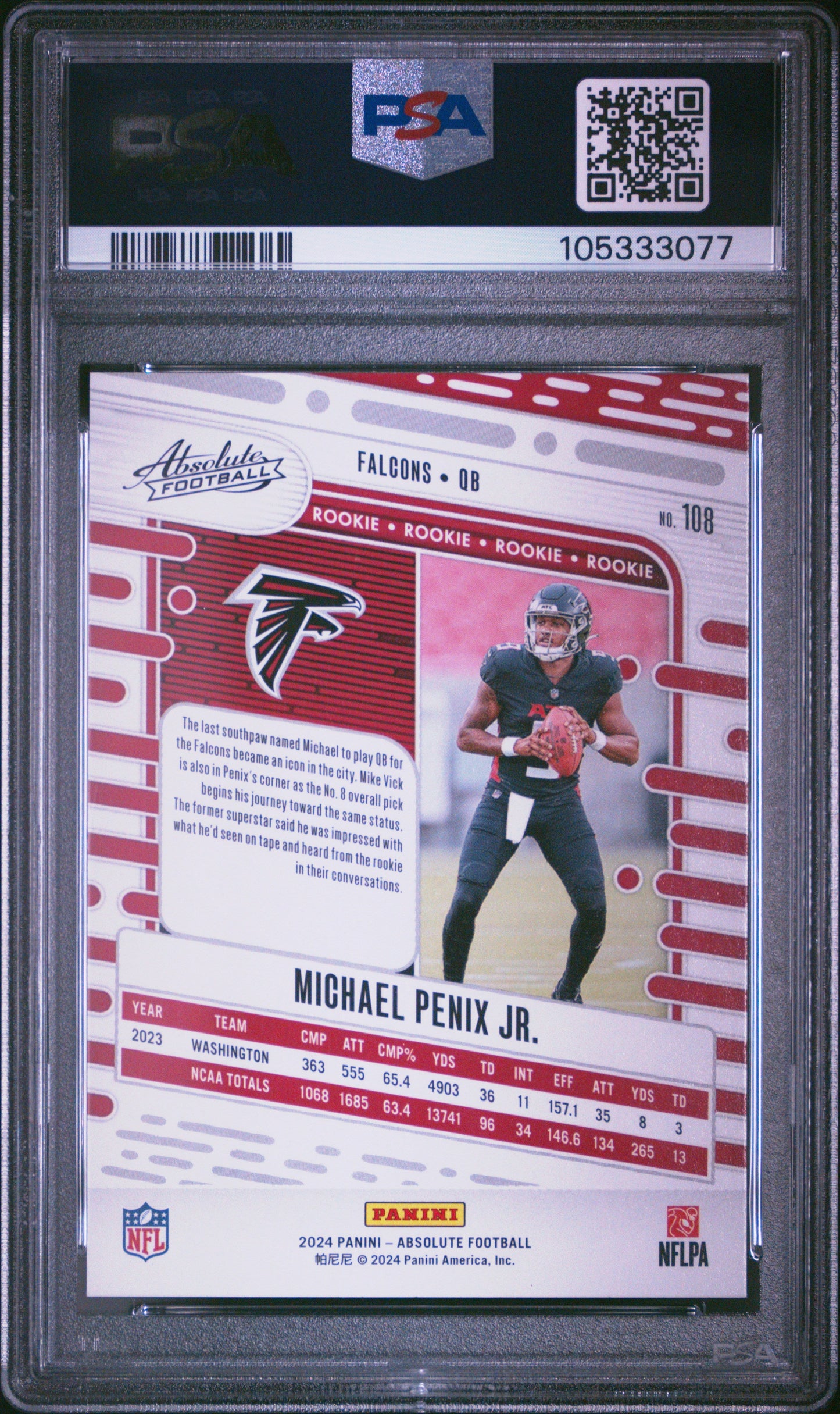 Graded 2024 Panini Absolute Michael Penix Jr #108 Rookie RC Football Card PSA 10 Gem Mint