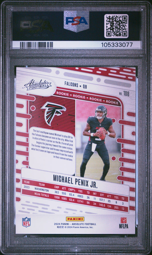 Graded 2024 Panini Absolute Michael Penix Jr #108 Rookie RC Football Card PSA 10 Gem Mint