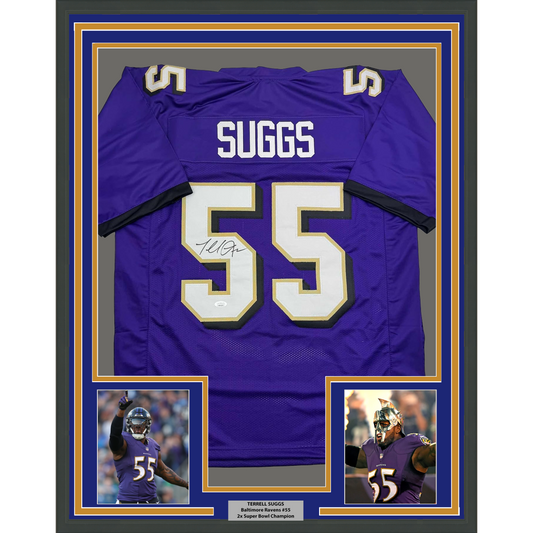 Framed Autographed/Signed Terrell Suggs 35x39 Baltimore Purple Football Jersey JSA COA #2