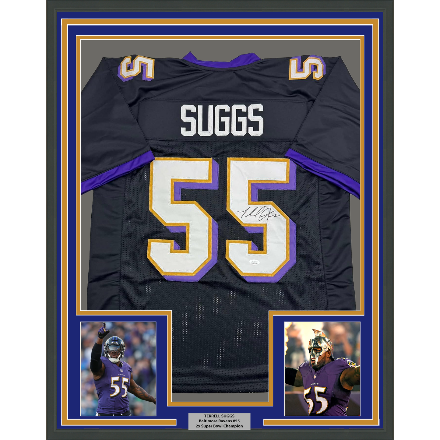Framed Autographed/Signed Terrell Suggs 35x39 Baltimore Black Football Jersey JSA COA #2