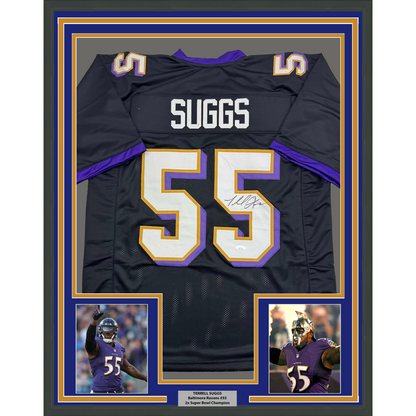 Framed Autographed/Signed Terrell Suggs 35x39 Baltimore Black Football Jersey JSA COA #2