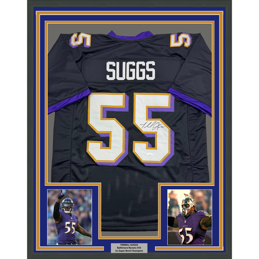 Framed Autographed/Signed Terrell Suggs 35x39 Baltimore Black Football Jersey JSA COA #2