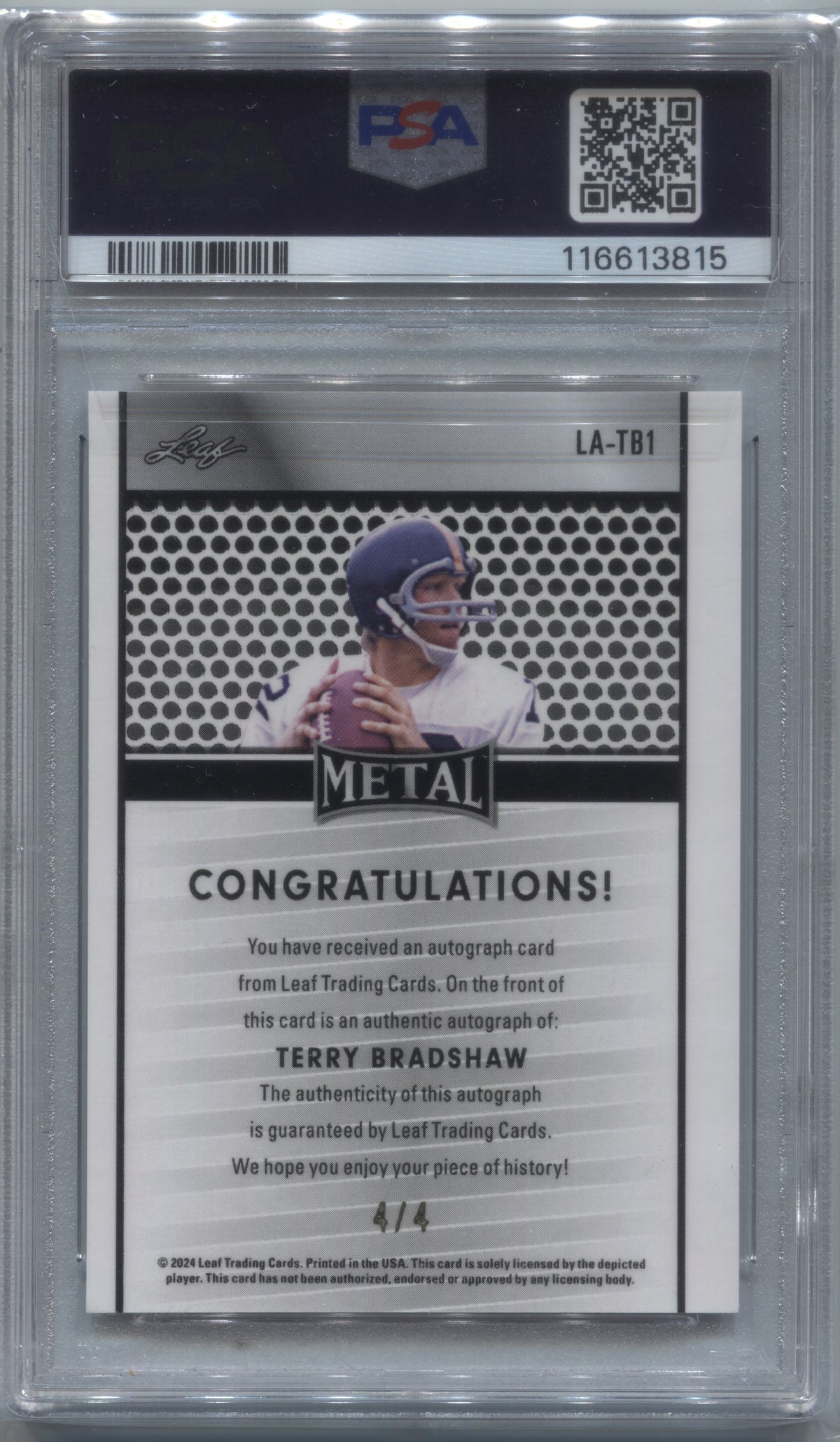 2024 Leaf Collective Terry Bradshaw Red Shimmer Auto 4/4 #LA-TB1 PSA 10