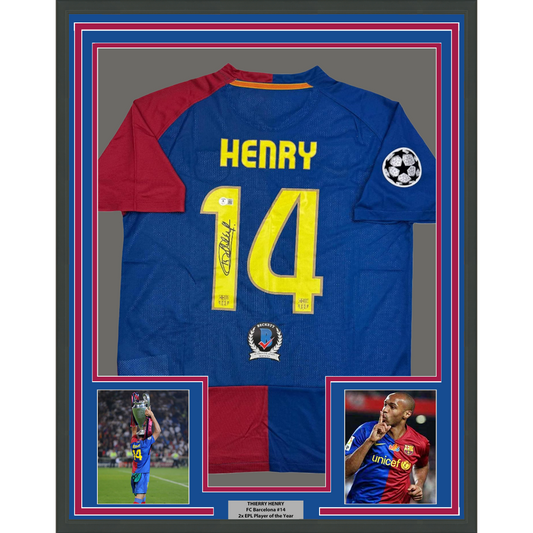 Framed Autographed/Signed Thierry Henry 35x39 FC Barcelona Blue Soccer Jersey Beckett BAS COA