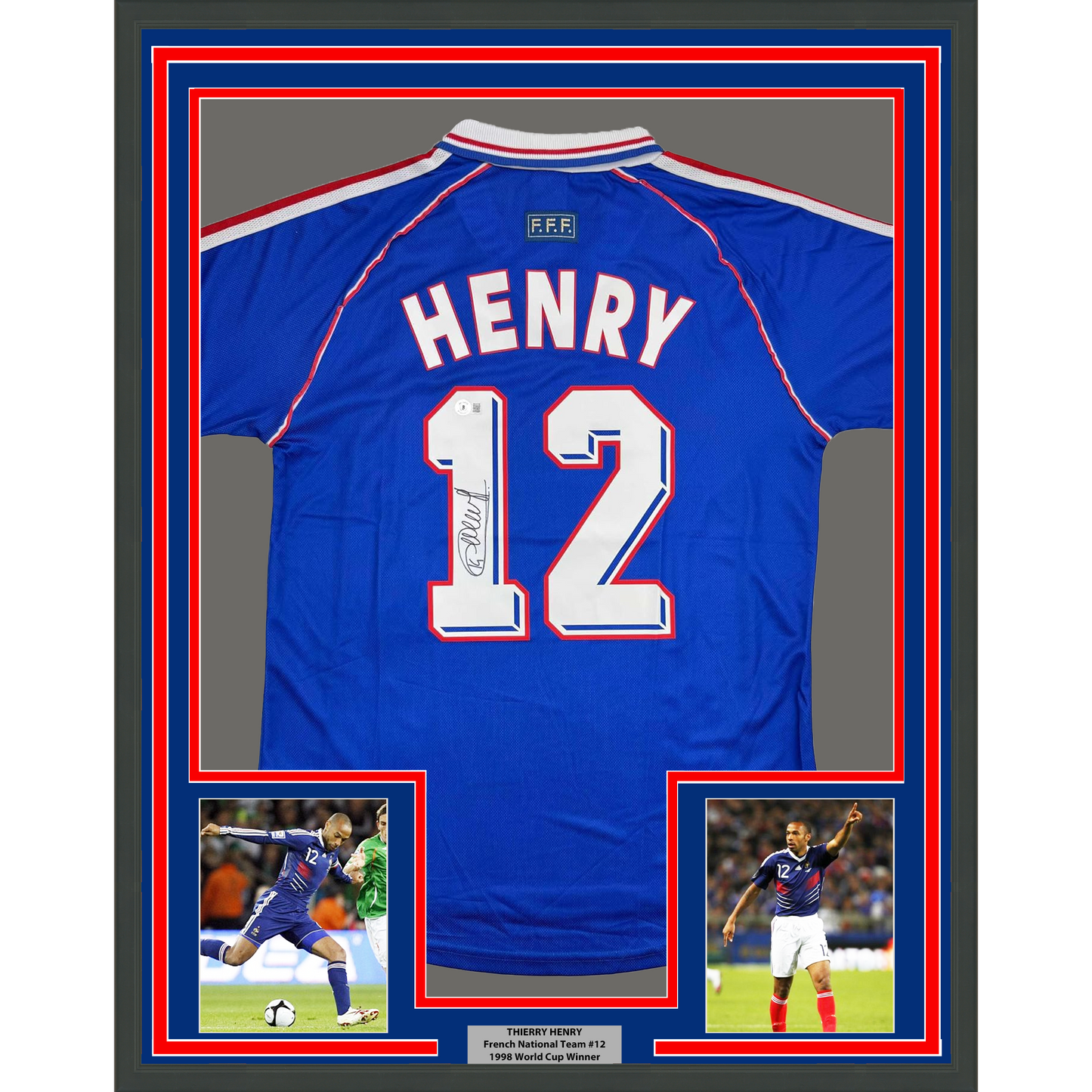 Framed Autographed/Signed Thierry Henry 35x39 France French National Team Blue Soccer Jersey Beckett BAS COA