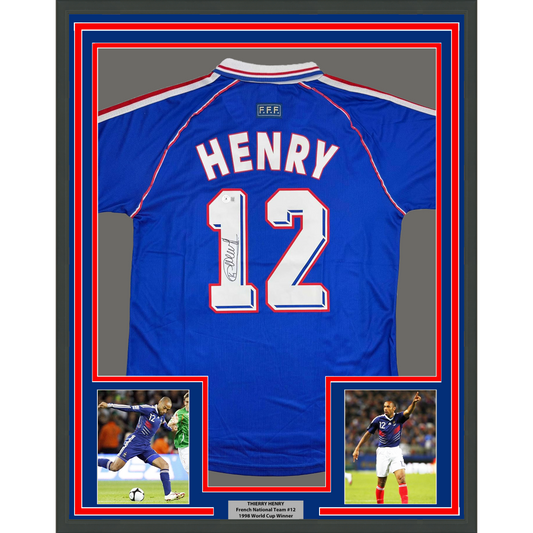 Framed Autographed/Signed Thierry Henry 35x39 France French National Team Blue Soccer Jersey Beckett BAS COA