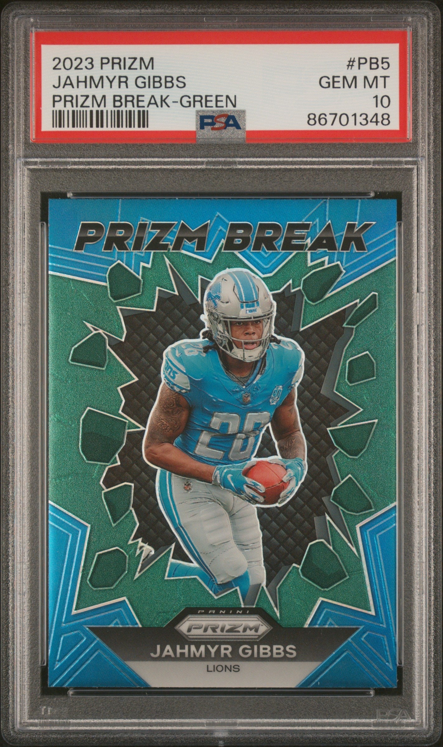Graded 2023 Panini Prizm Jahmyr Gibbs #PB5 Prizm Break Green Rookie RC Football Card PSA 10 Gem Mint