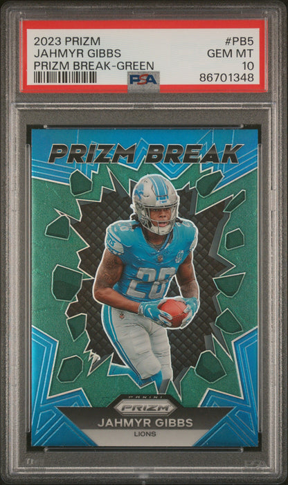 Graded 2023 Panini Prizm Jahmyr Gibbs #PB5 Prizm Break Green Rookie RC Football Card PSA 10 Gem Mint