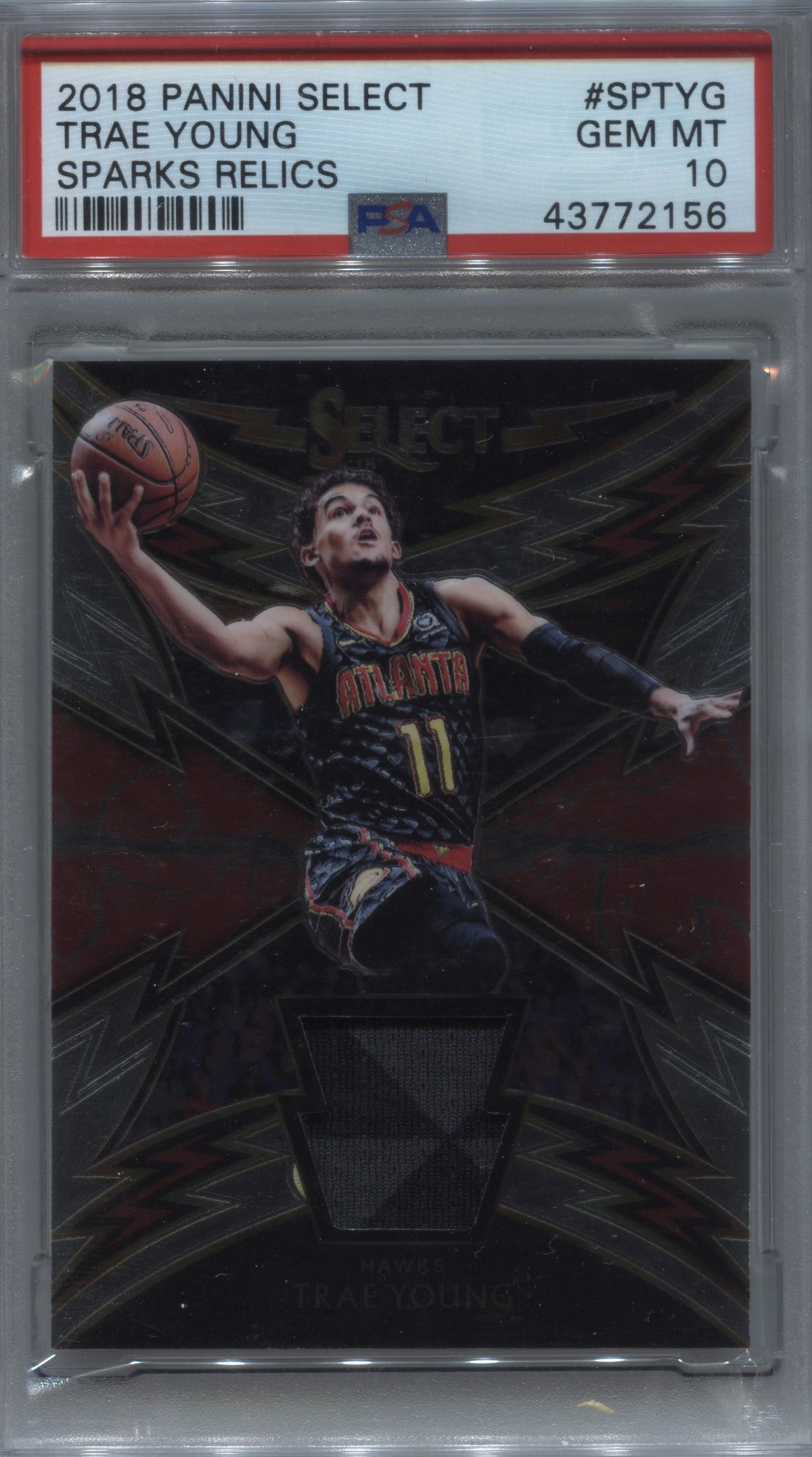 2018-19 Panini Select Trae Young Sparks Player-Worn Relic RC #SP-TYG PSA 10
