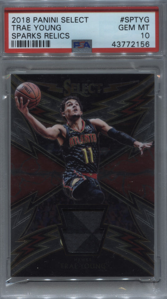 2018-19 Panini Select Trae Young Sparks Player-Worn Relic RC #SP-TYG PSA 10