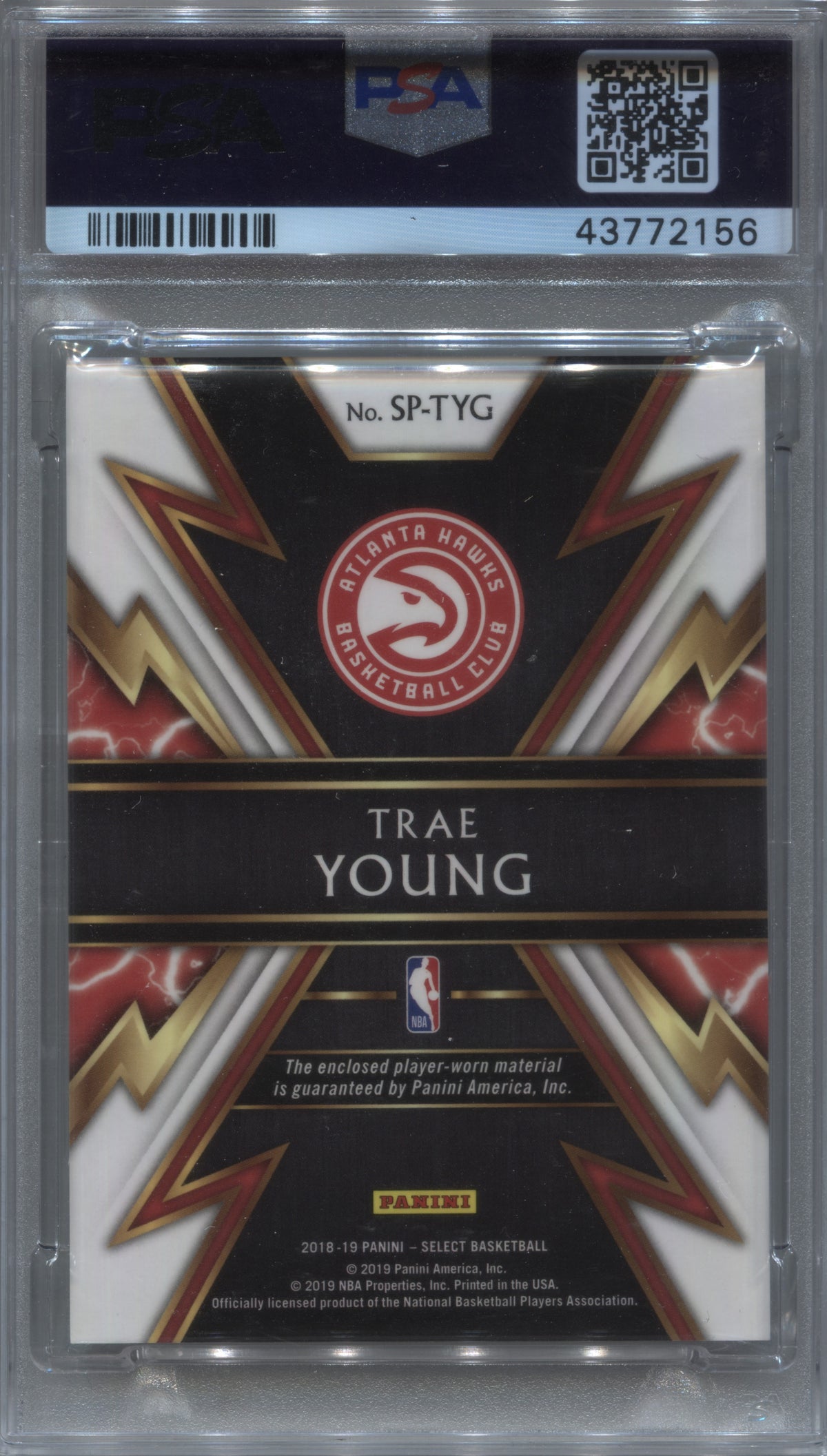 2018-19 Panini Select Trae Young Sparks Player-Worn Relic RC #SP-TYG PSA 10