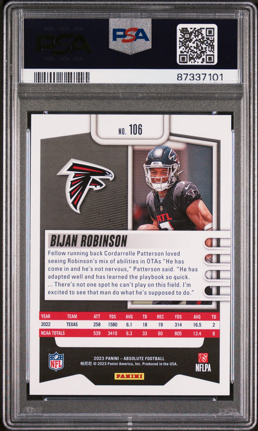 Graded 2023 Panini Absolute Bijan Robinson #106 Rookie RC Football Card PSA 10 Gem Mint