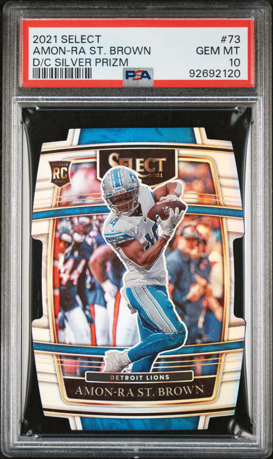 Graded 2021 Panini Select Amon-Ra St. Brown #73 Die Cut Silver Prizm Rookie RC Football Card PSA 10 Gem Mint